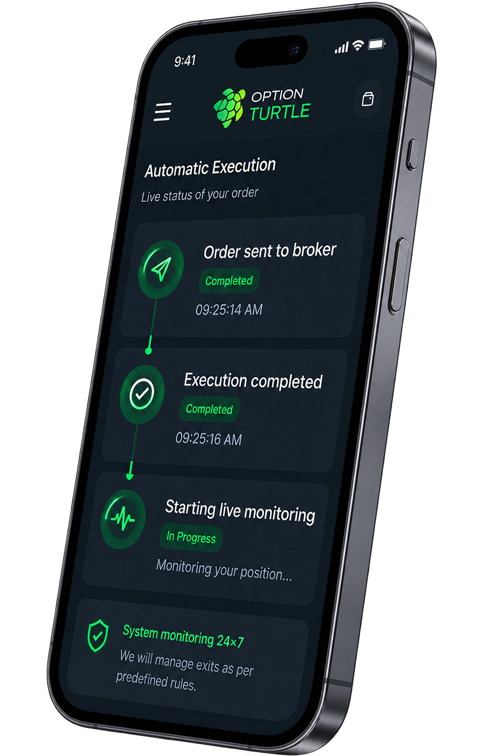 Representative OptionTurtle mobile execution flow showing order sent to broker, execution completed and live monitoring starting