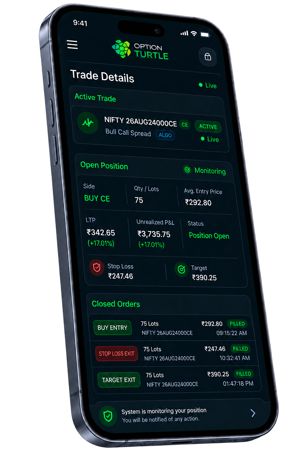Representative OptionTurtle mobile trade details view showing active trade, open position, stop-loss, target and closed orders